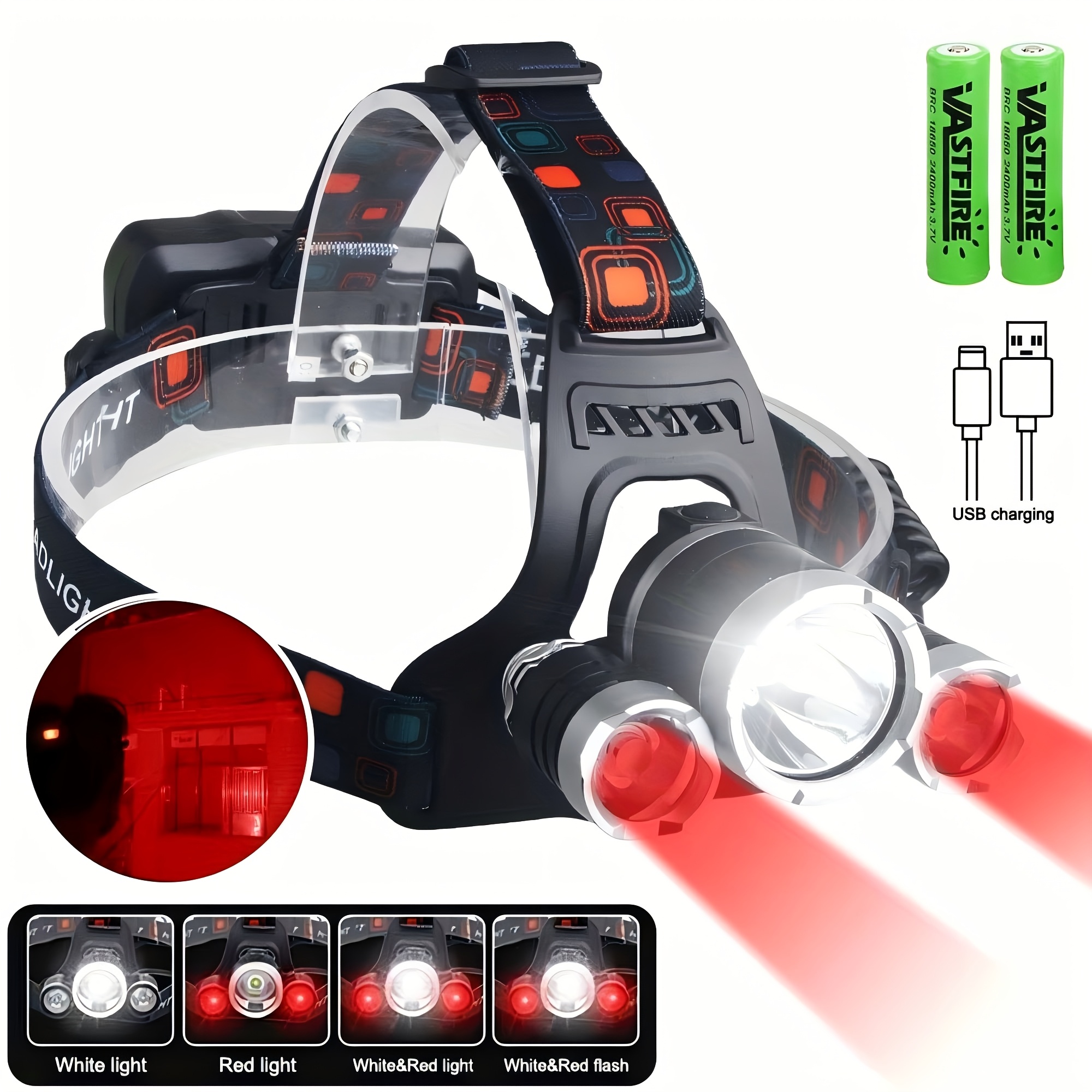 Rechargeable Led Head-mounted Work Lamp, 3 White And Work Light, Spotlight & Floodlight Combination Flashlight Red Light Lamp For Running Camping Hiking Fishing