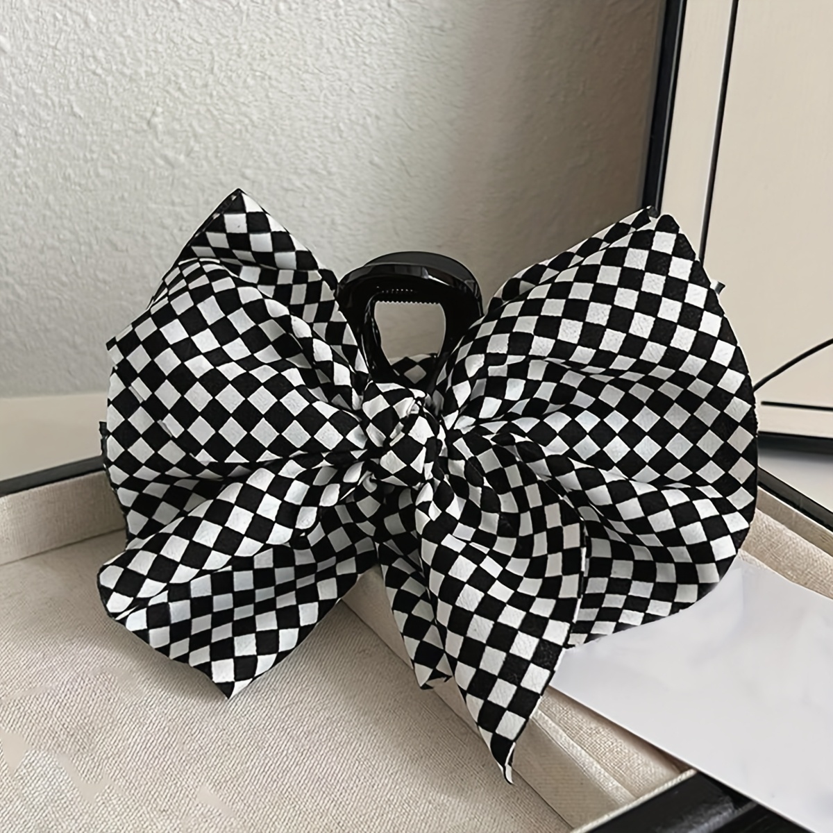 TEMU 1pc Light Luxury Checkered Double-sided Bow Hairpin, High-end Updo, Large Grab Clip, Women's Back Of Shark Clip Hair Accessory