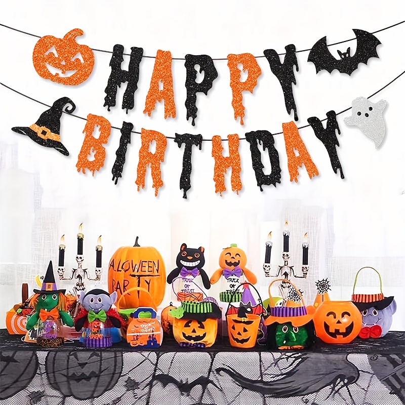 

Happy Birthday Banner - Pumpkin, Bat, Wizard Hat & Designs For Spooky Party Decorations