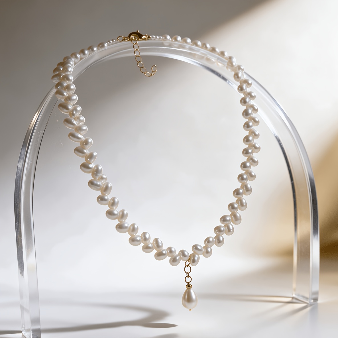 Women's 14K Gold Plated Handwoven Pearl Necklace, Baroque Design