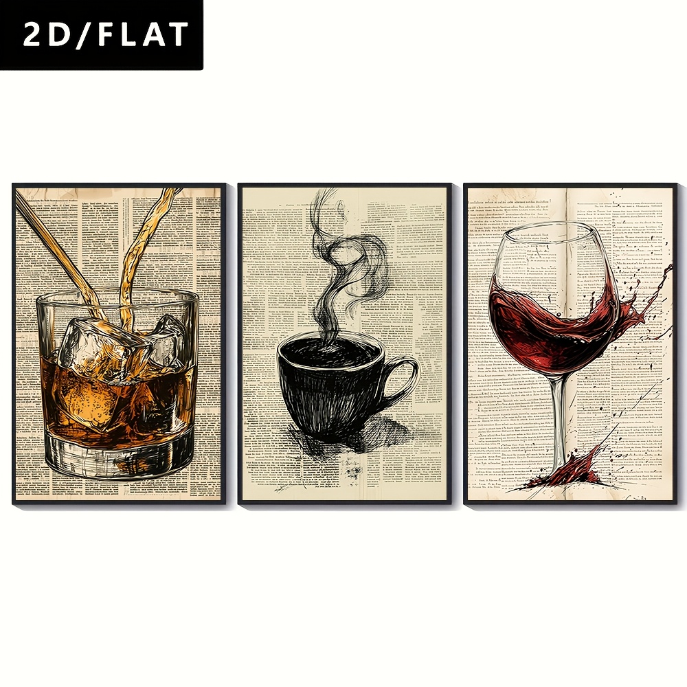 TEMU 2d Flat 3pcs Vintage Book Style Wine And Coffee Themed Decorative Paintings, Canvas Printed Posters, Wall Art, Foyer Hanging Paintings, Suitable