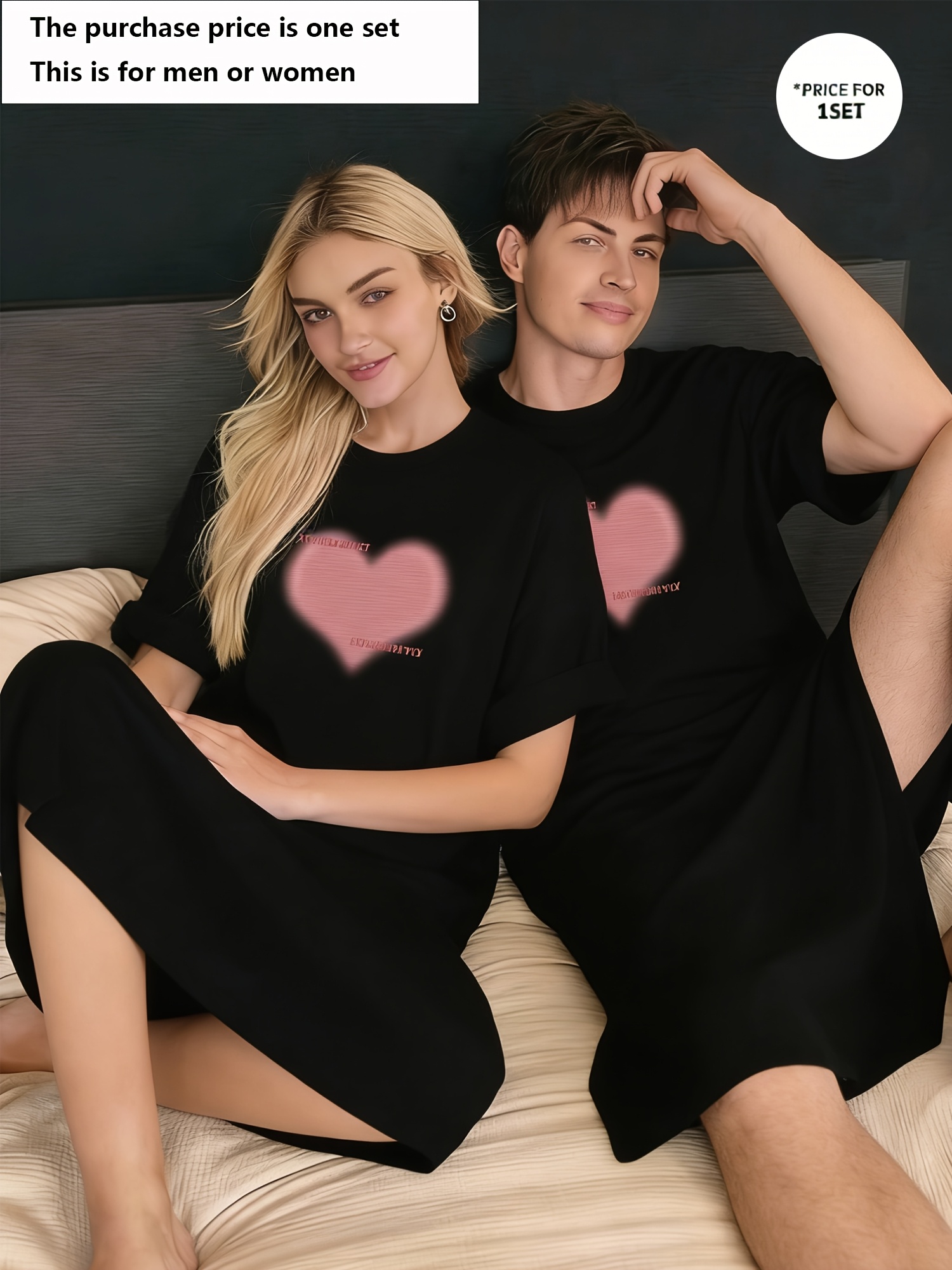 1pc Couple'S Matching Pajamas: Soft And Comfortable Nightgown with a Round Neck And Heart Pattern