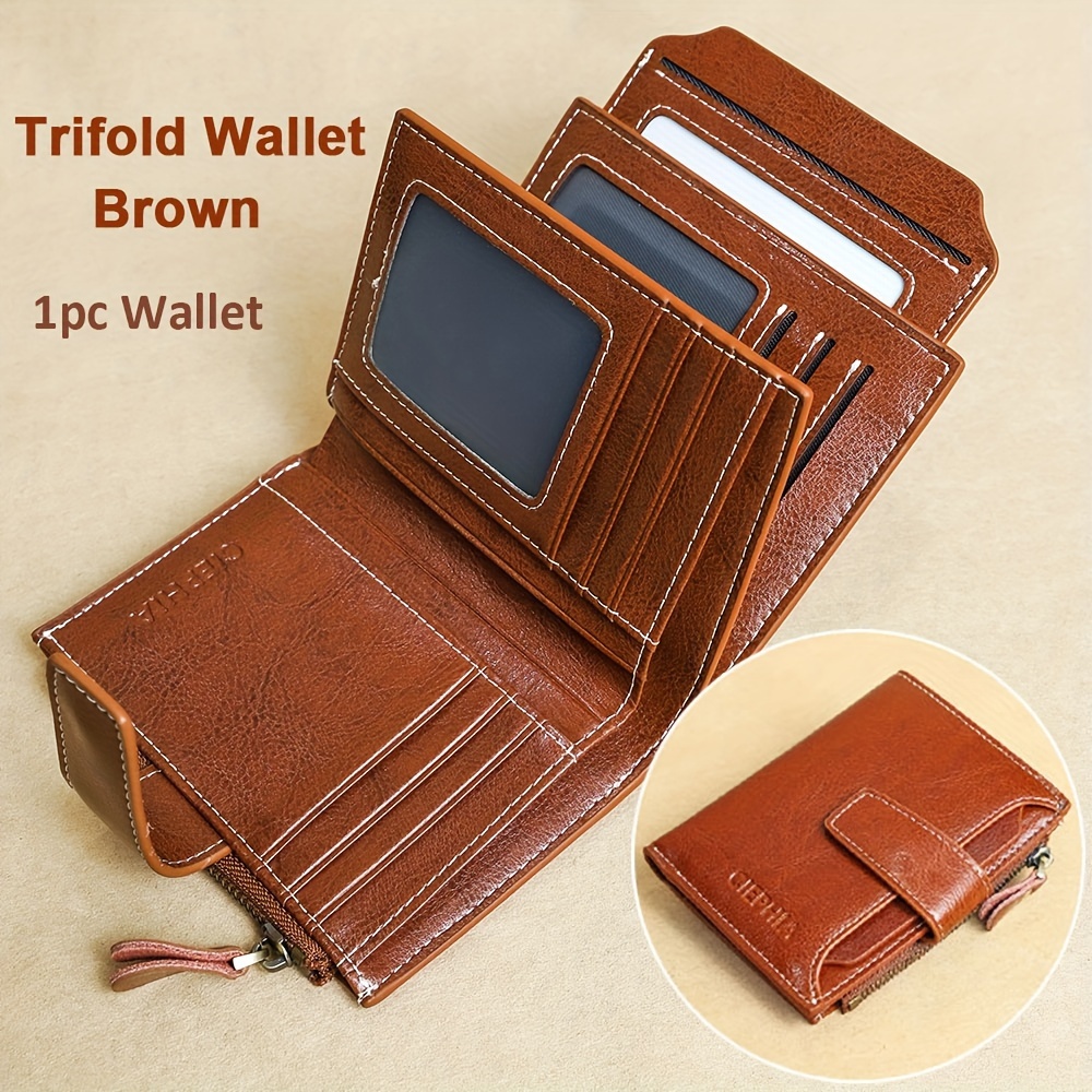 Genuine Leather Compact Trifold Wallet With Rfid Blocking, Detachable Id Window & Multi-card Slots - Sleek Solid Color