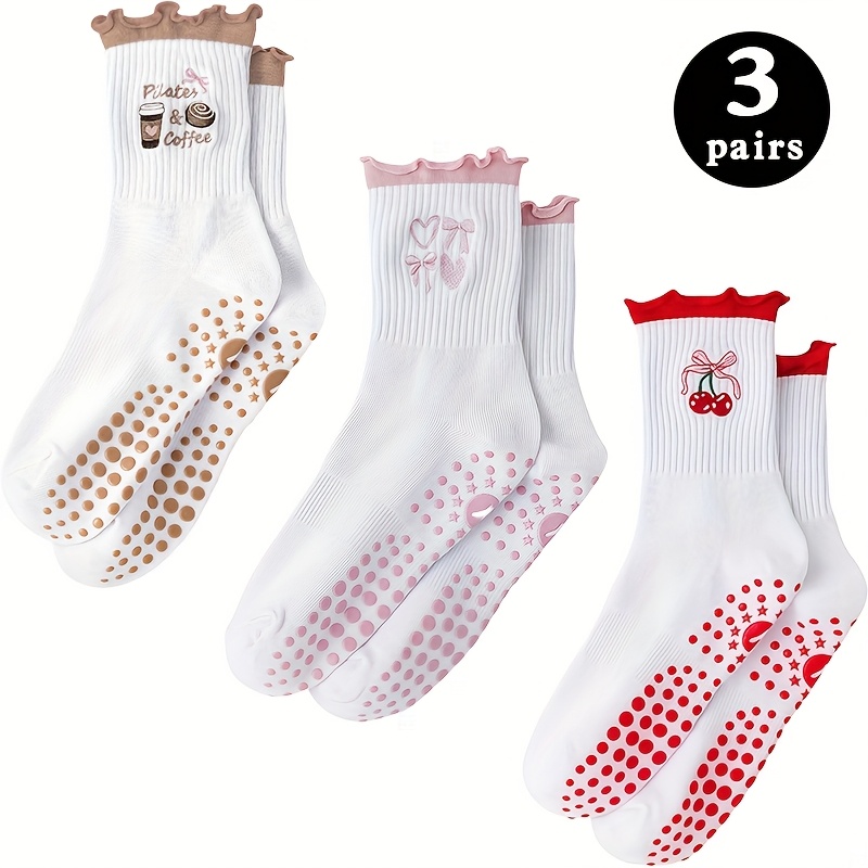 TEMU 3pairs Women's Non-slip Yoga Socks - Breathable, Soft & Comfortable With Pleated Edges, Ideal For Pilates & Exercise, Perfect Gift For Fitness Enthusiasts, Wear, Gym Accessories