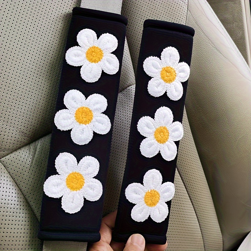 

2pcs Daisy Flower Shoulder Pads For Car Seat Belts, Microfiber Handmade Creative Safety Belt Covers, Anti-squeeze Car Interior Decor Accessories For Women