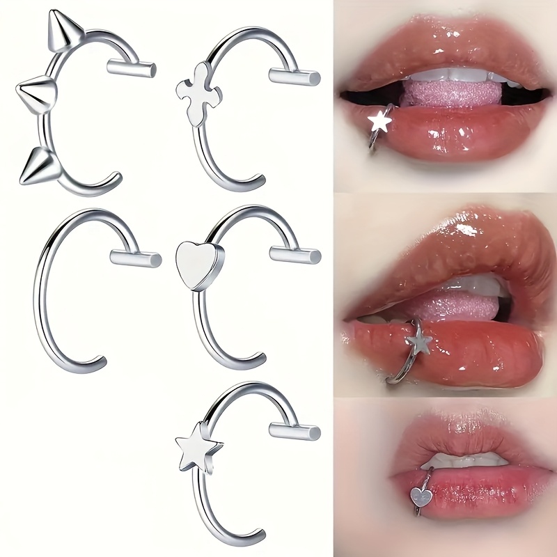 TEMU 5pcs Stainless Steel Gothic Clip-on Lip Ring Set - T-shaped, Heart-shaped, Cross-shaped, Star-shaped Designs - Suitable For Men And Women, No