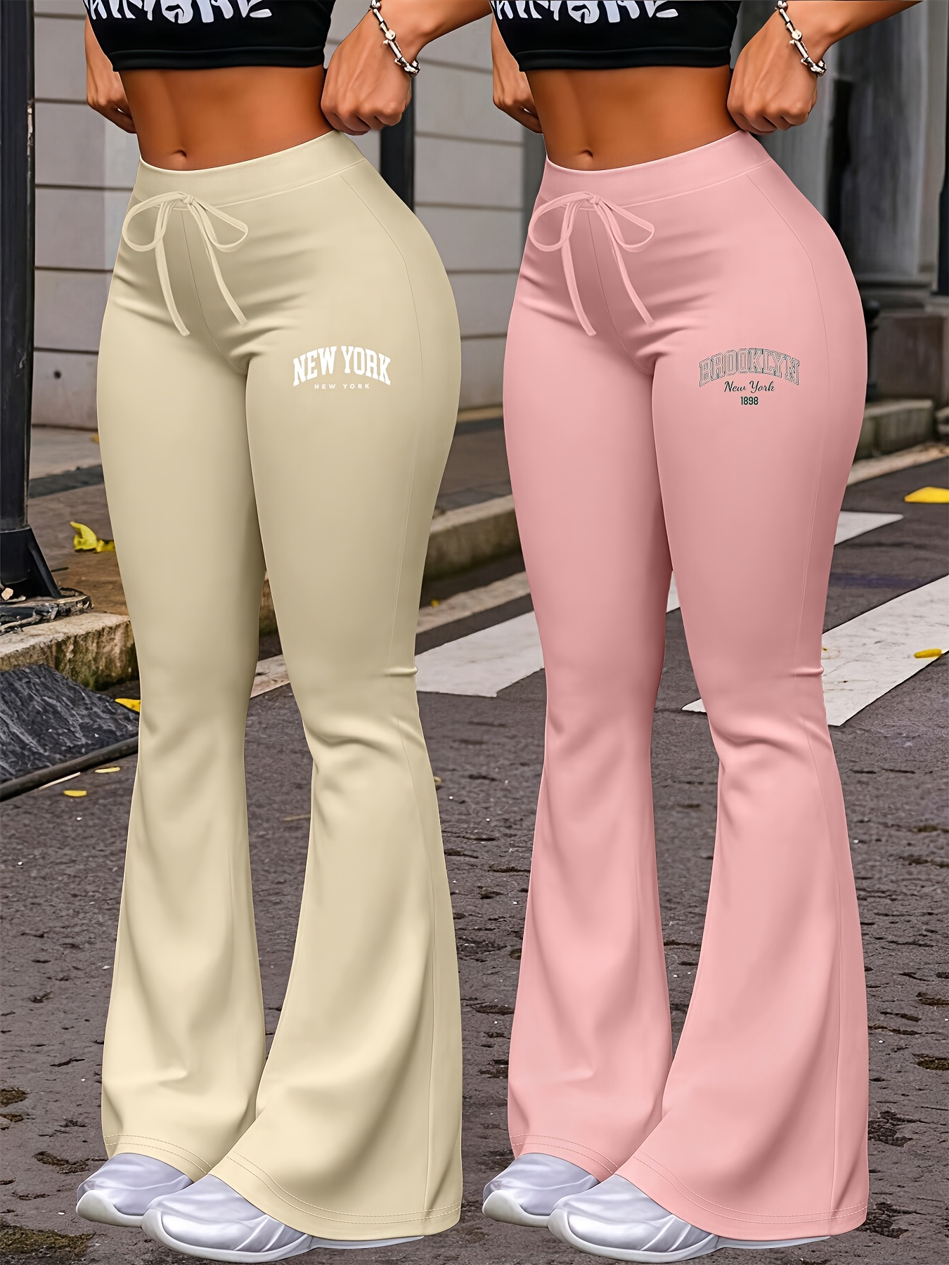 New Autumn Women's Clothing from Europe and America, NEW YORK & BROOKLYN Letter Print, Daily Casual Wear, Two-Pack of Comfortable Slim-Fit Stretch Tapered Straight-Leg Pants with Drawstring Waistband