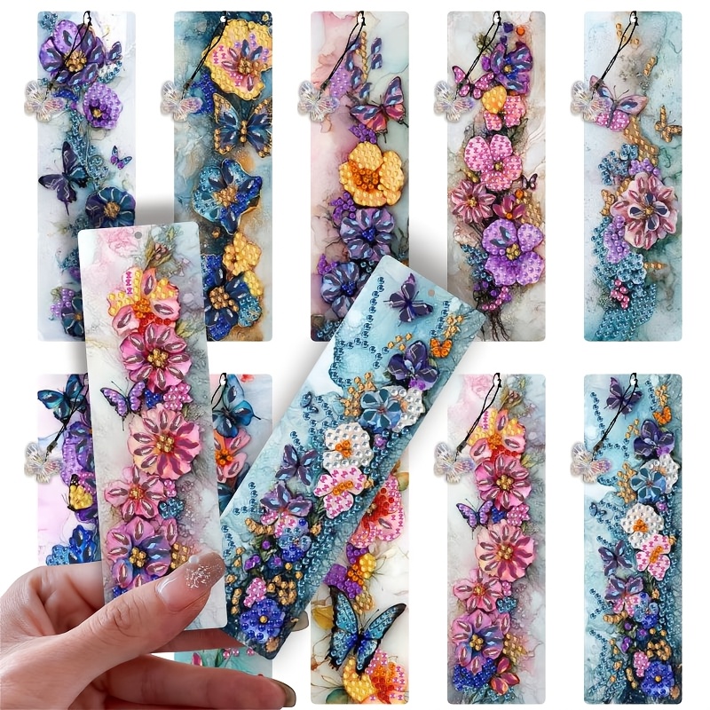 TEMU 10pcs 5d Full Diamond Irregular Painting Style Floral Diamond Bookmarks ( Craft Material Pack) Diamond Painting Bookmarks, Floral Element