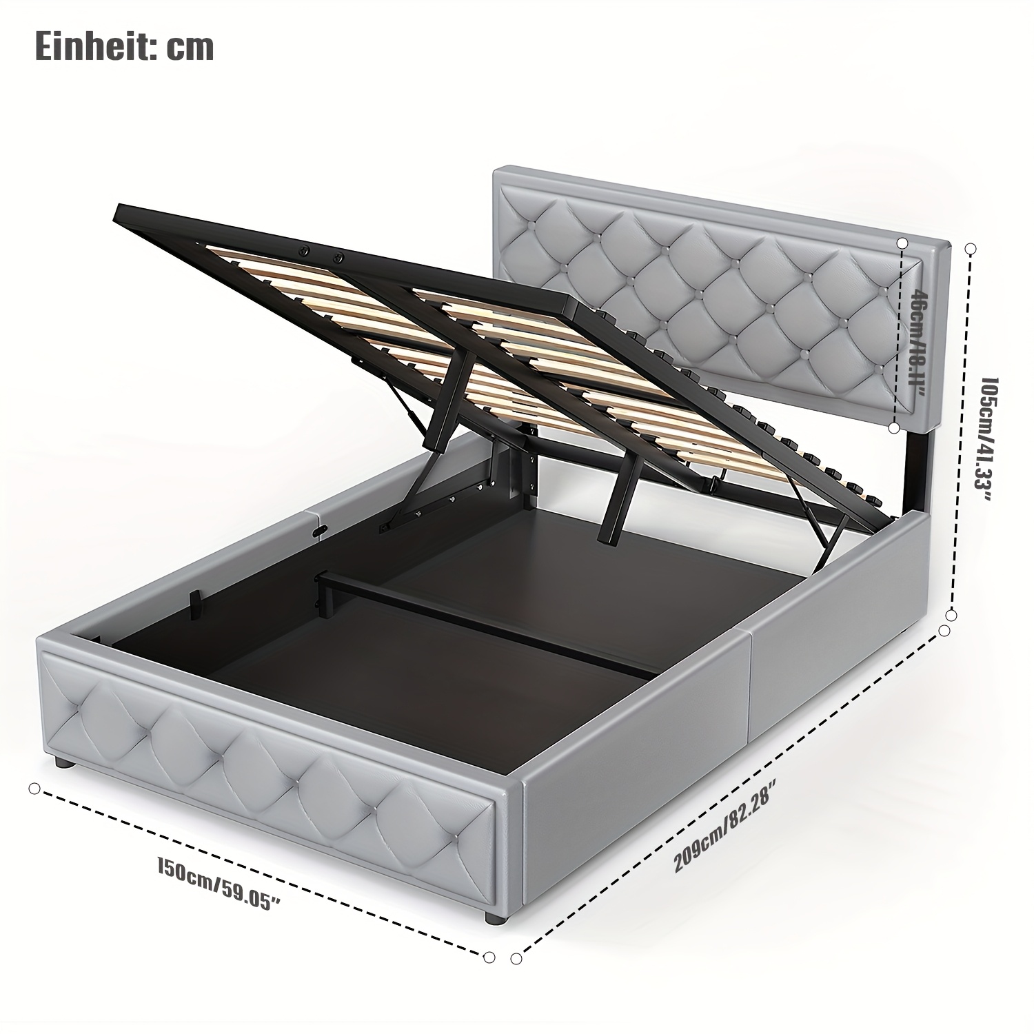 Double Bed Frame Gas Lift Up Bed Upholstered Bed Frame, Wooden Slats Space Bed Frame Bed With Storage, 140*200cm Dark Grey No Mattress