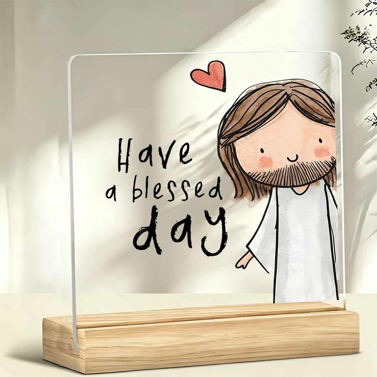 TEMU 1pc Jesus Figure Standing Ornament With Wooden Base & Heart-shaped Acrylic Top - Religious Paperweight Suitable For Home Office Desk Decor,