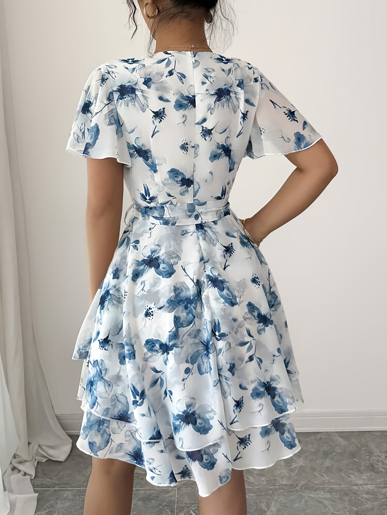 Women's Casual V-Neck Ruffled Sleeve A-Line Dress with Floral Print & Waist Tie Belt - Lightweight Breathable Machine Washable for Spring Summer Fall, Seasonal Fashion, Nontransparent Fabric