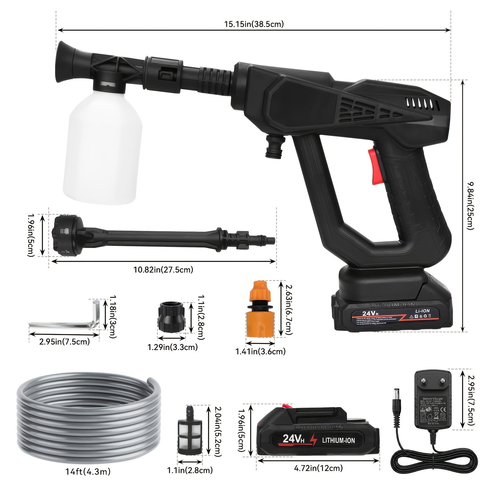 TEMU Pistola de hidrolavadora inalámbrica con 2 baterías recargables y cargador rápido, boquilla ajustable 6 en 1, manguera de 4.3 m/14 pies -