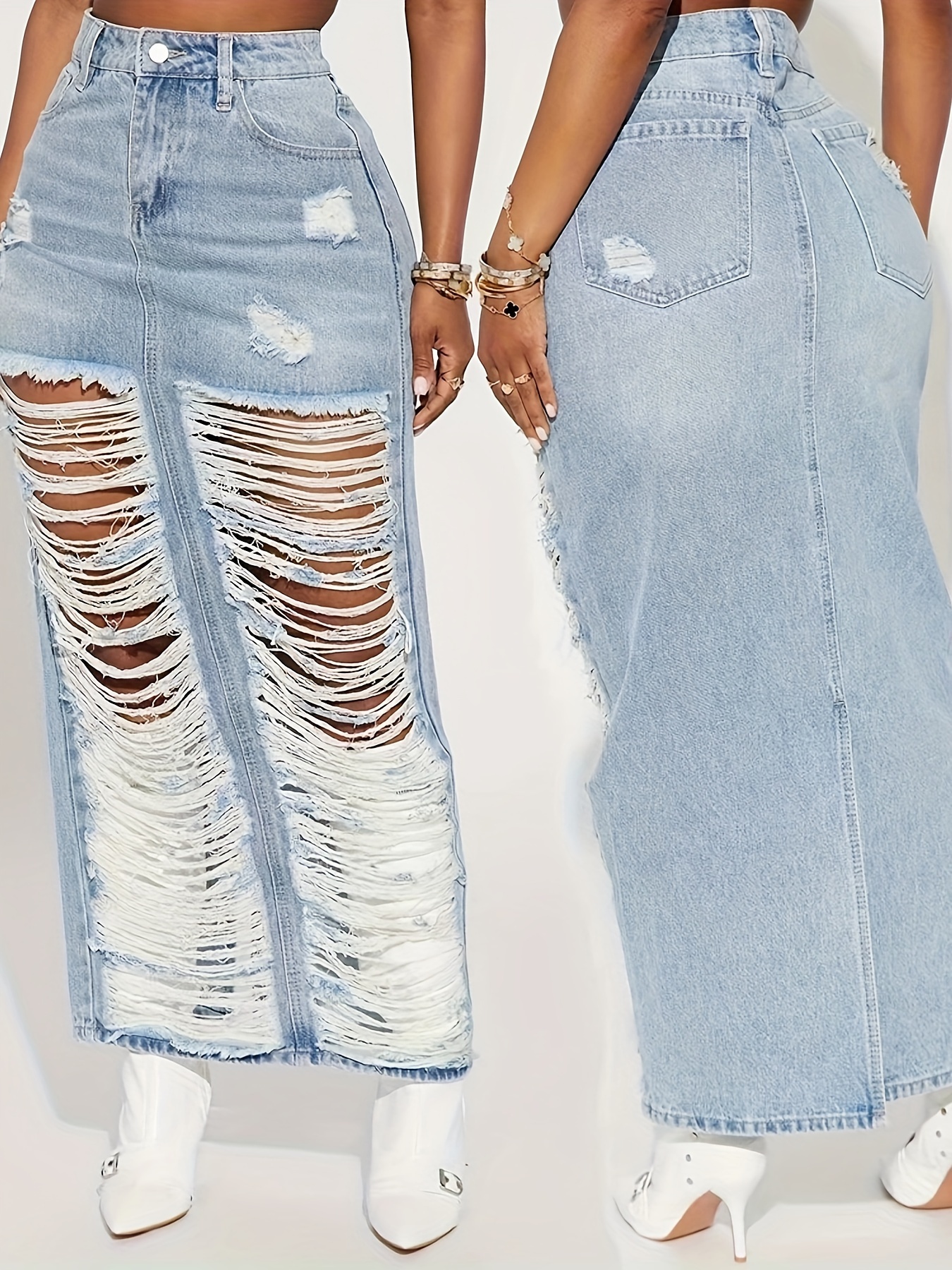 Women'S Vintage Distressed Denim Skirt Non-Stretchy *-* Long Skirt with  Side Pockets *-* Everyday Formal Outfits, Streetwear Fashion, Casual