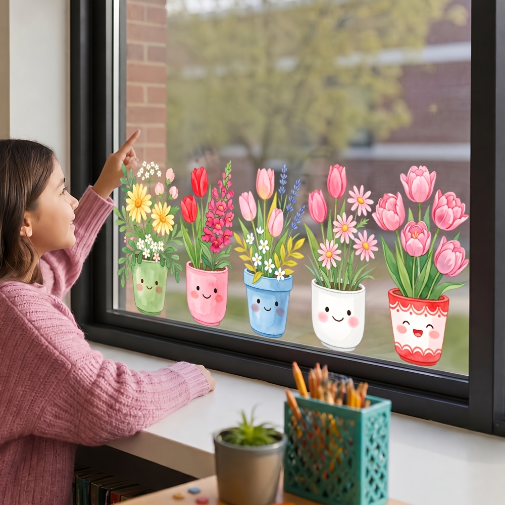 TEMU 1pc Cartoon Happy Face Flower Pot Static Cling Glass Sticker, Watercolor Tulip Daisy Potted Plant, Glue-free Glass Window Decal, Kindergarten