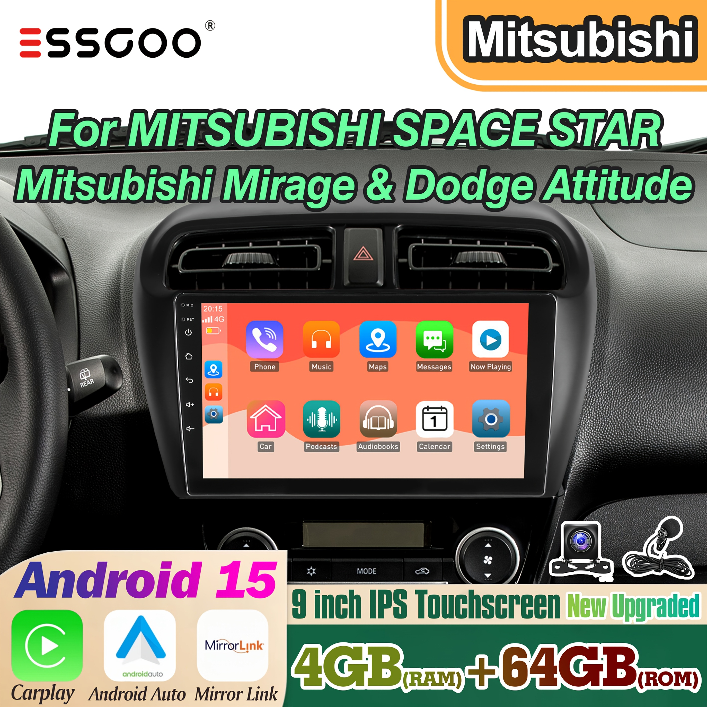Image of Essgoo | 9" Intelligent For 15 Car Radio For For Attitude | & For Auto | Split-screen Multitasking | 4gb+64gb | Wifi + Gps + Bt | Swc Ready | Backup Camera | Microphone |