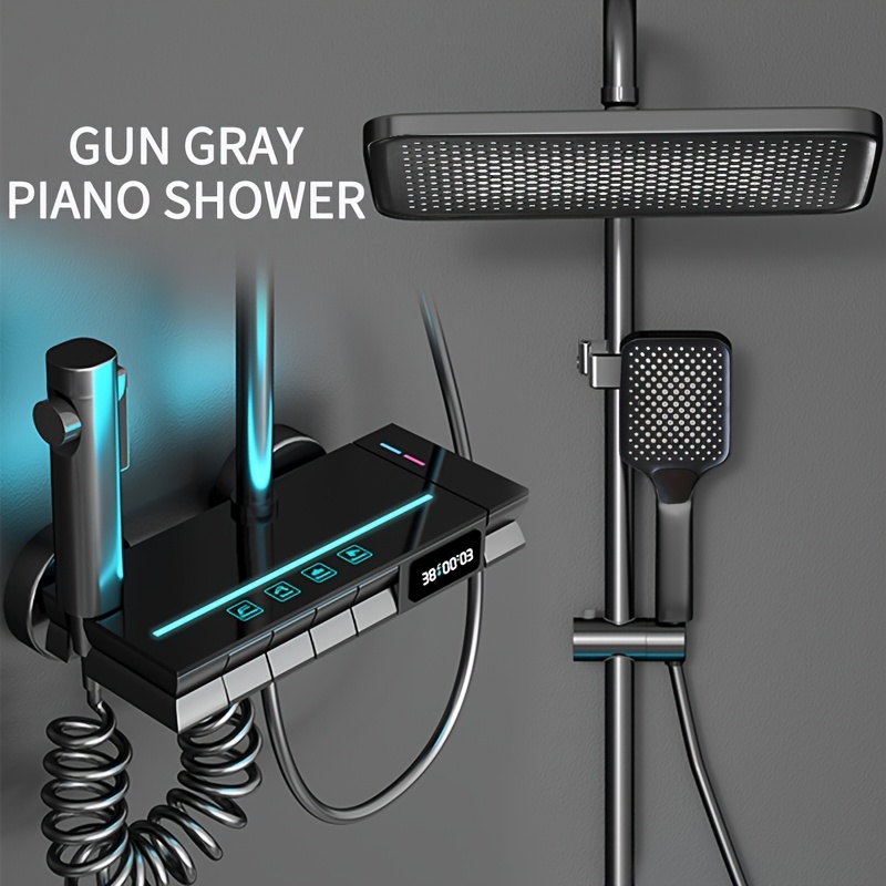 1 rinkinys Prabangus LED dušo komplektas Vonios kambariui Modernus pianino klavišų dušo sistema su 30.48cm lietaus dušo galvute ir rankiniu purkštuku, Sieniniai dušo įrenginiai, Pistoletinės pilkos spalvos dušo komplektai su skaitmeniniu temperatūros rodymu