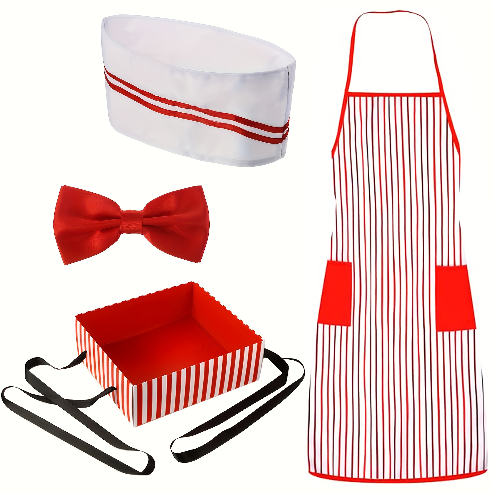 TEMU 4pcs Seller Waiter Costume Additions Set For Men Women, Striped Apron, Hat, Bow Tie, And Tray, For Carnival Party Halloween Cosplay