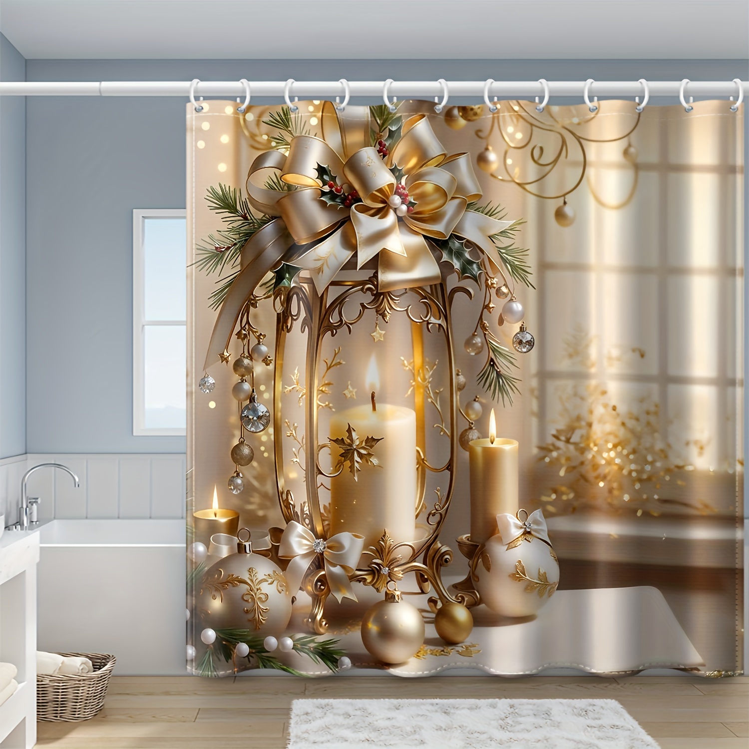 

Christmas Shower Curtain Set , 1pc 180x180cm Candleholder Pattern, Polyester Bathroom Curtain, , - - ,