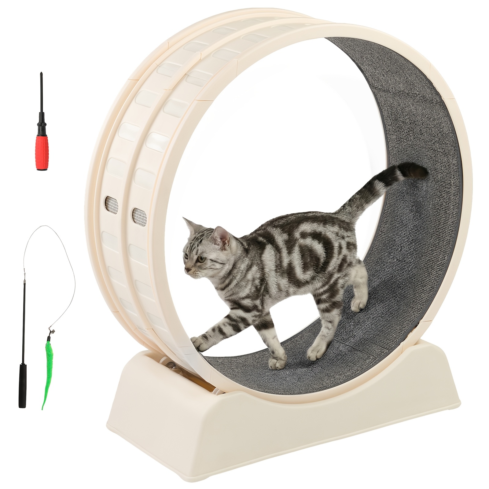 Bonnlo Cat Exercise Wheel For Indoor Cats, Low-noise Design, Durable Pp Material, Cat Running Treadmill Wheel With Carpeted For Life, With Carpet And Cat Teaser Stick