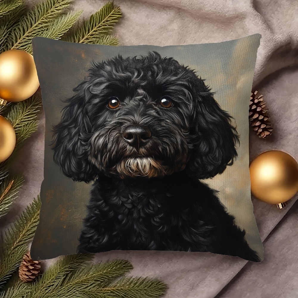 

Black Cockapoo Dog Plush Pillow Cover - Double-sided, Design For Halloween & Christmas, 18x18 Inches, Zip Closure, Machine Washable - Living Room & Bedroom Decor