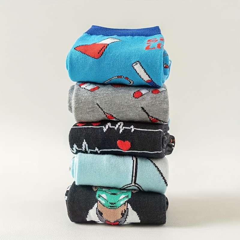 

5 Pairs Men's Crew Socks Cute Cartoon Medical Pattern Print Mixed Color Socks Set Cotton Blend Comfy Breathable Socks For Outdoor Activities