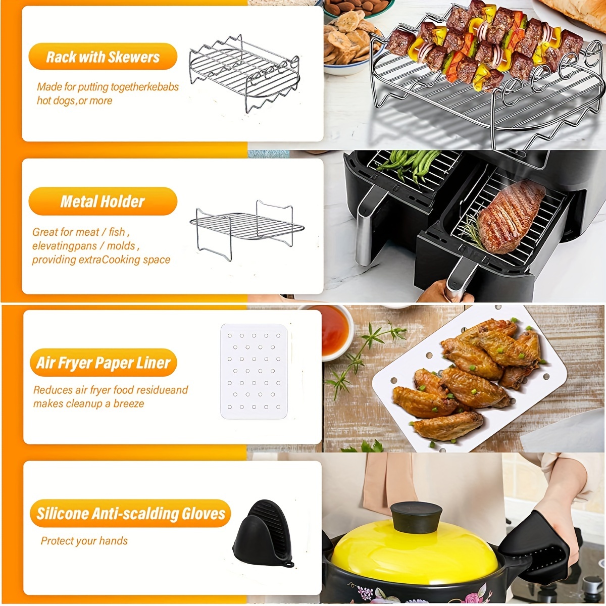 5pcs set dual basket air fryer accessories compatible with   dz401 dz550 dz302 other 10 quart 2 basket dualzone air fryers come with air fryer rack set 100pcs paper liners silicone anti scalding gloves tongs kitchen stuff details 1