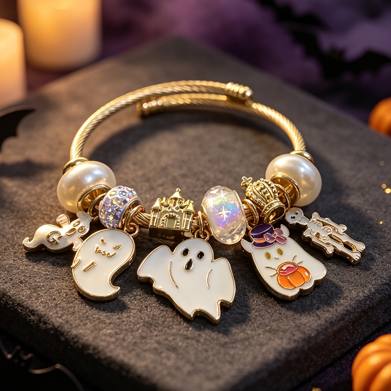 TEMU Halloween Skull Castle Bead Stainless Steel Bracelet Pumpkin Top Hat Iridescent Glass Cartoon Drip Glaze Pendant Adjustable Opening Hand Chain