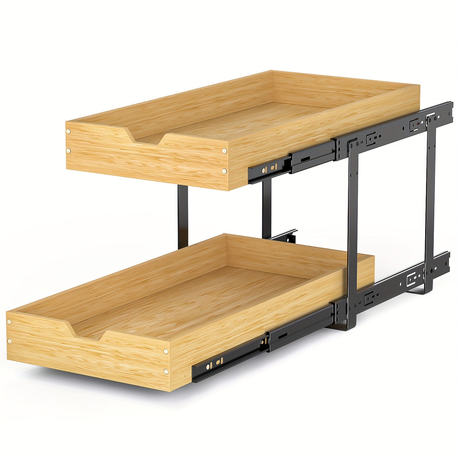 

2 Tier Wood Pull Out Cabinet Organizer, Wood Basket Slide Out Kitchen Cabinet Storage Organization Sliding Shelves
