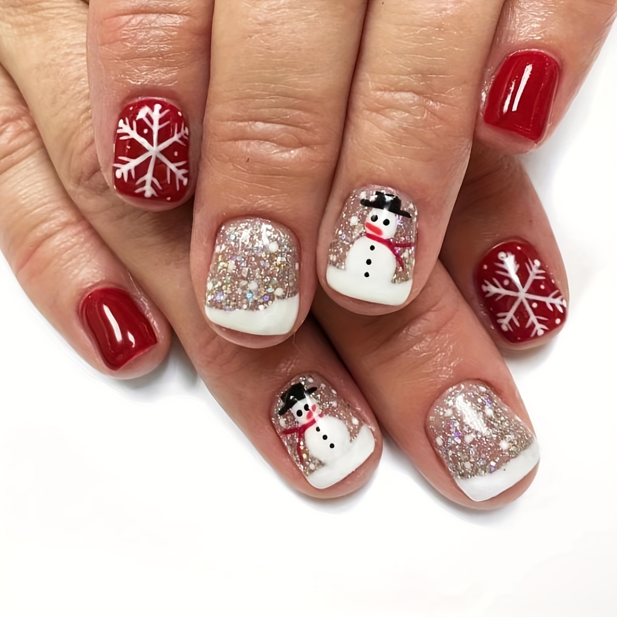 

24pcs Festive Christmas Press-on Nails Set - Short Square, Glossy With Snowman & , Includes Jelly Adhesive & Nail File