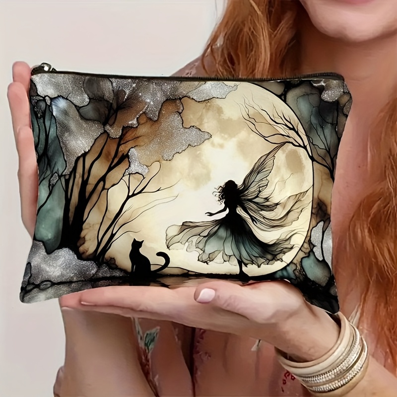 TEMU Whimsical Forest Fairy Canvas Pouch, Portable Office Storage Bag For Pens, Notes & Small Gadgets, Moon Silhouette Print