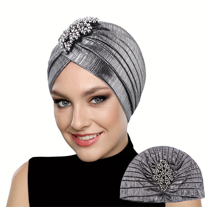 

Vintage Pleated Headscarf With Golden Diamond-shaped Jewels, Embossed Golden Hat, Arabian Ethnic Hat, Wrapped Cloth Hat