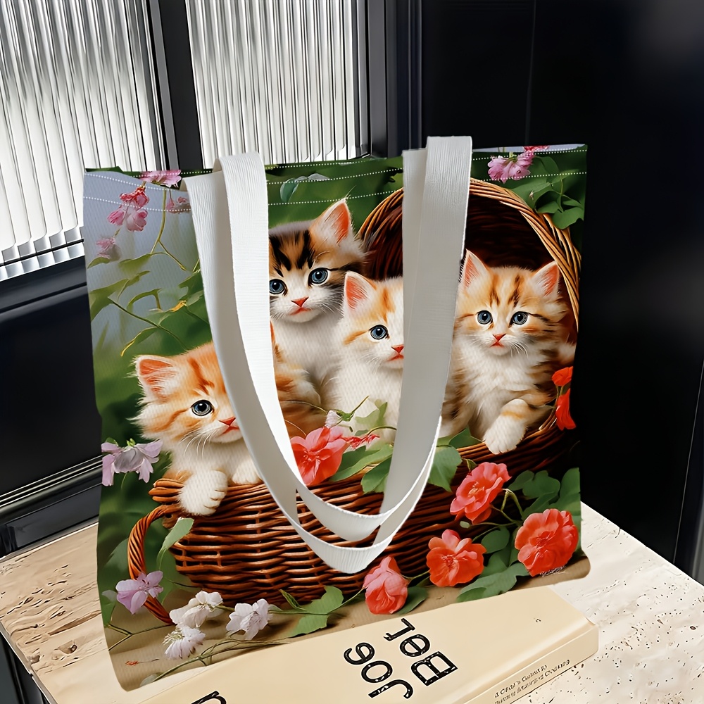 TEMU 1pc, Sac à bandoulière pour femme sur le thème de panier de fleurs de chatons, multifonctionnel, sac à main, pochette, sac de soirée, de voyage,