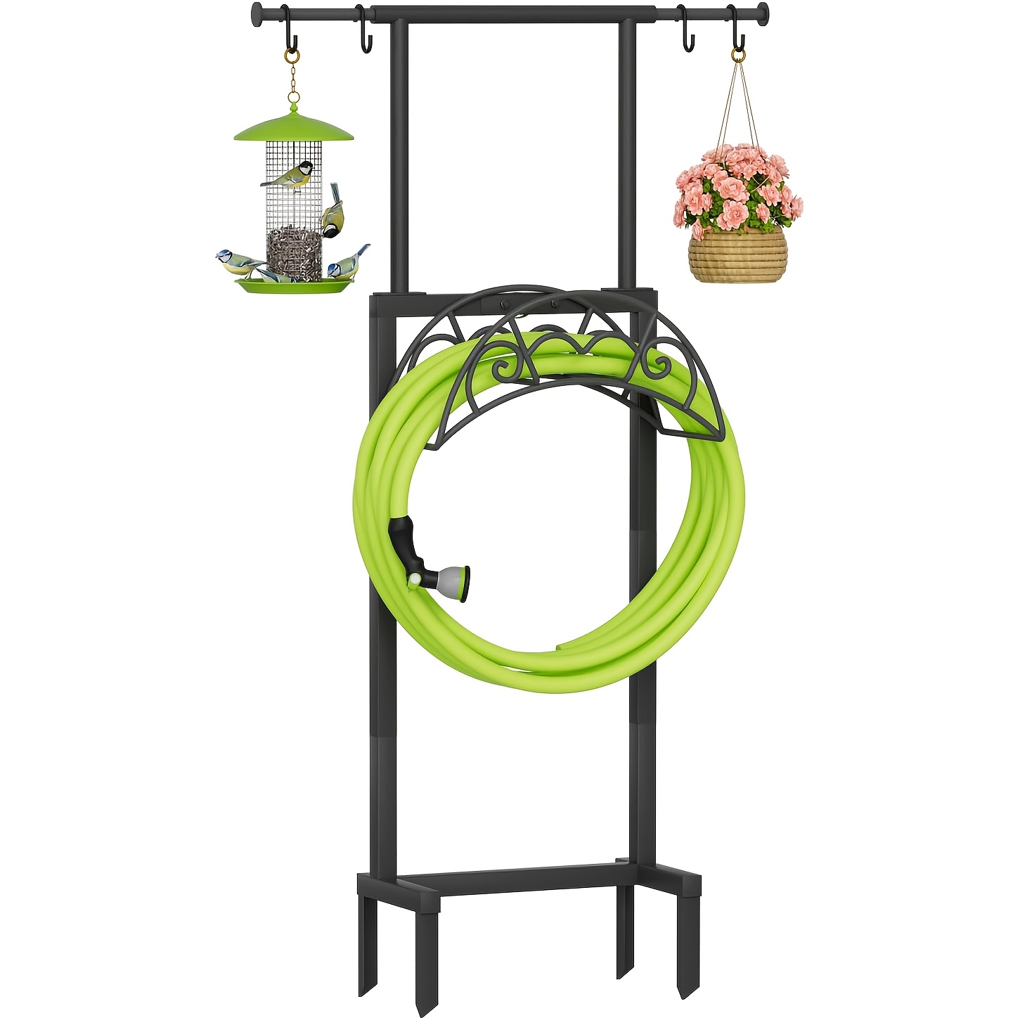 TEMU Heavy Duty Freestanding Garden Hose Holder With Telescopic Pole, 4-spike Metal Water Hose Stand, Detachable Storage Hanger Rack For Outside Lawn