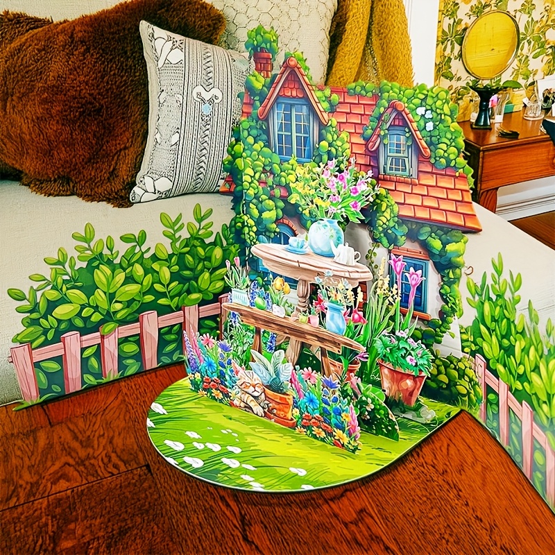 Image of 1pc 3-fold Pop-up Greeting Card, Summer Courtyard Leisure Cozy Comfortable Scenery, On Tabletop As Ornament. Suitable For Card, Birthday Gathering, Graduation, Congratulations, Perfect Gift For Anyone
