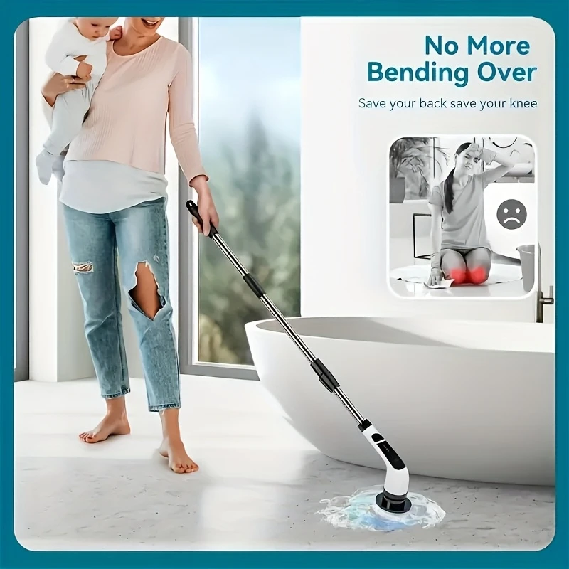 versatile 9 in 1 electric spin scrubber with wireless brush head battery power indicator settings extendable detachable handle multiple replaceable heads for cleaning in kitchen bathroom living room more details 4