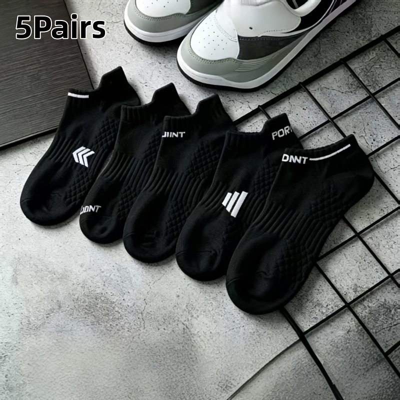 TEMU 5 Pairs, Unisex Mesh Breathable Short Athletic Socks, With Black Lettering, Short Tube Boat Style Black And White Casual Athletic Socks, Mesh