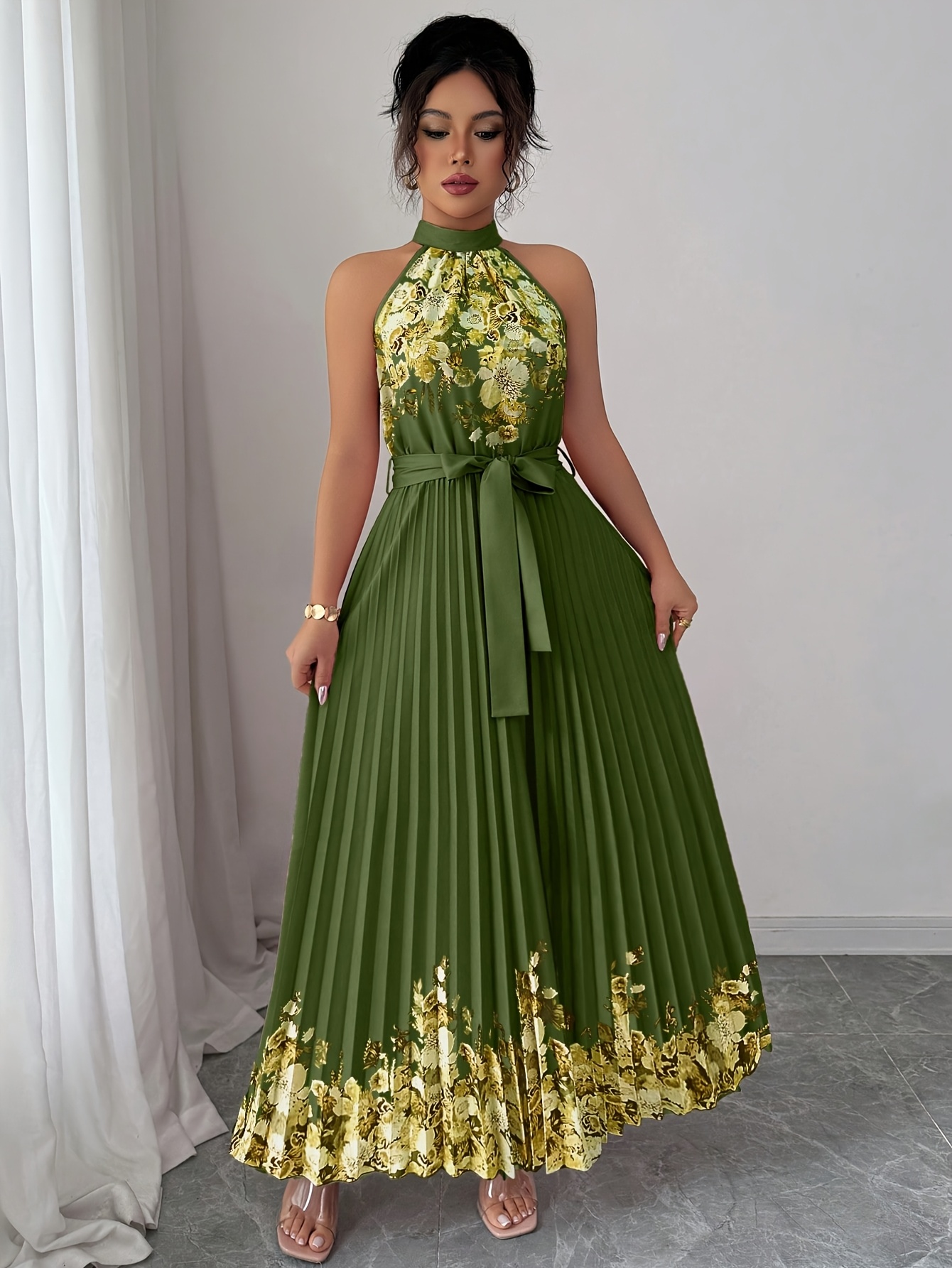 Fashionable New Women'S Summer Halter Floral Print Pleated Dress