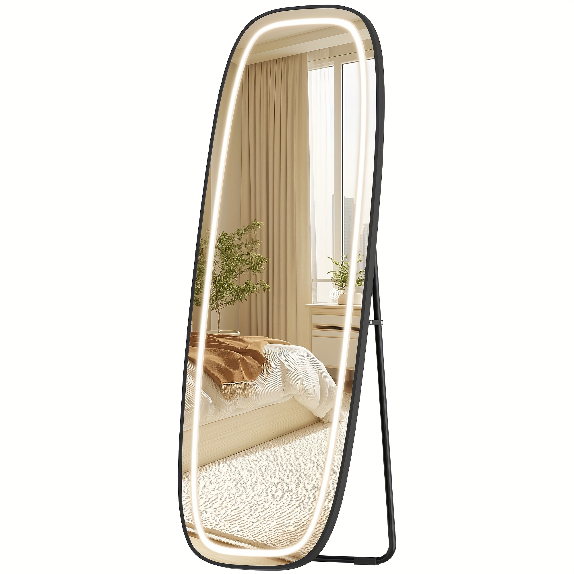 Full-length Mirror With Lighting, 160 X 50cm, Curved Standing Mirror, Wall Irror, 3light Colors, Touch Control, Suitable For Bedrooms And Dressing Rooms, Black