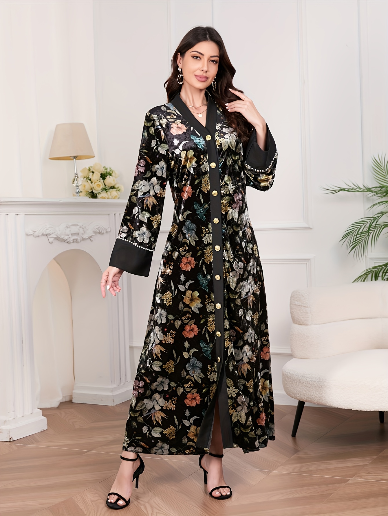 middle eastern inspired v neck long sleeve cardigan golden Temu