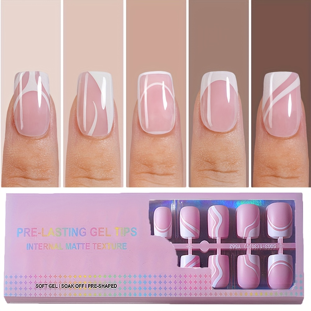 

150pcs French Gel Nails - Matte Material - Pink Striped Design, 15 Sizes, Suitable For Women Diy, For Women's Nail Art