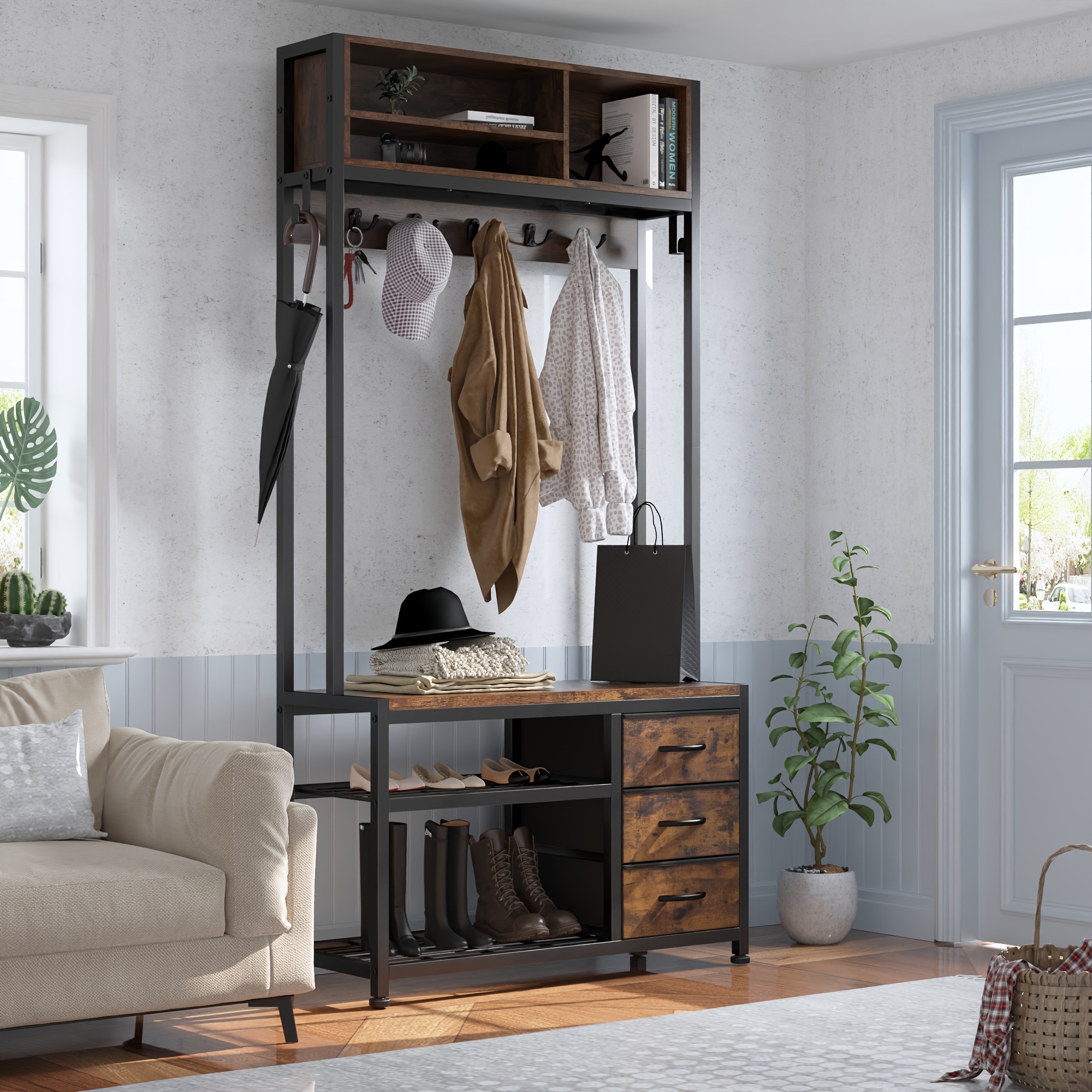 

Coat Rack Freestanding, Coat Rack With Shoe Storage, Entryway Bench With Storage, Hall Tree With Entryway Bench And Shoe Storage, Hall Tree With 12 Hooks And 3 Drawers For Hallway