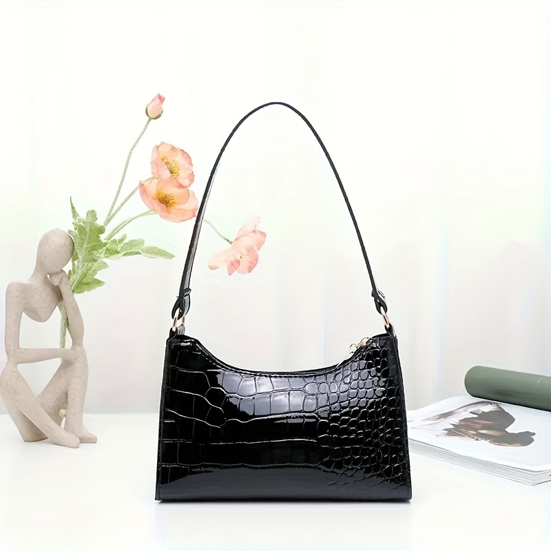 Women's Small Shoulder Bag - Crocodile Pattern PU Clutch With Adjustable Strap | Zipper Closure, Retro Style