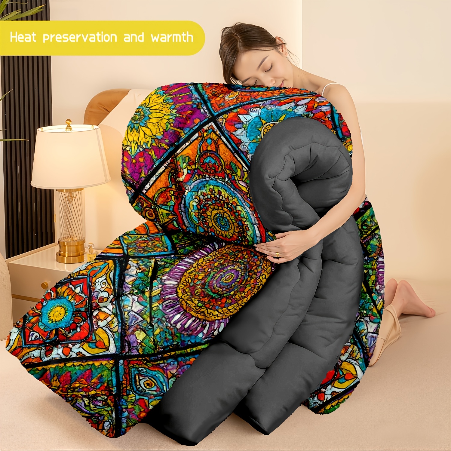 TEMU 3pcs (1 Comforter + 2 Pillowcases) Bohemian Style Soft Warm Comforter Bedding Set, Colorful Pattern, Wrinkle & Fade Resistant, Queen/king/full