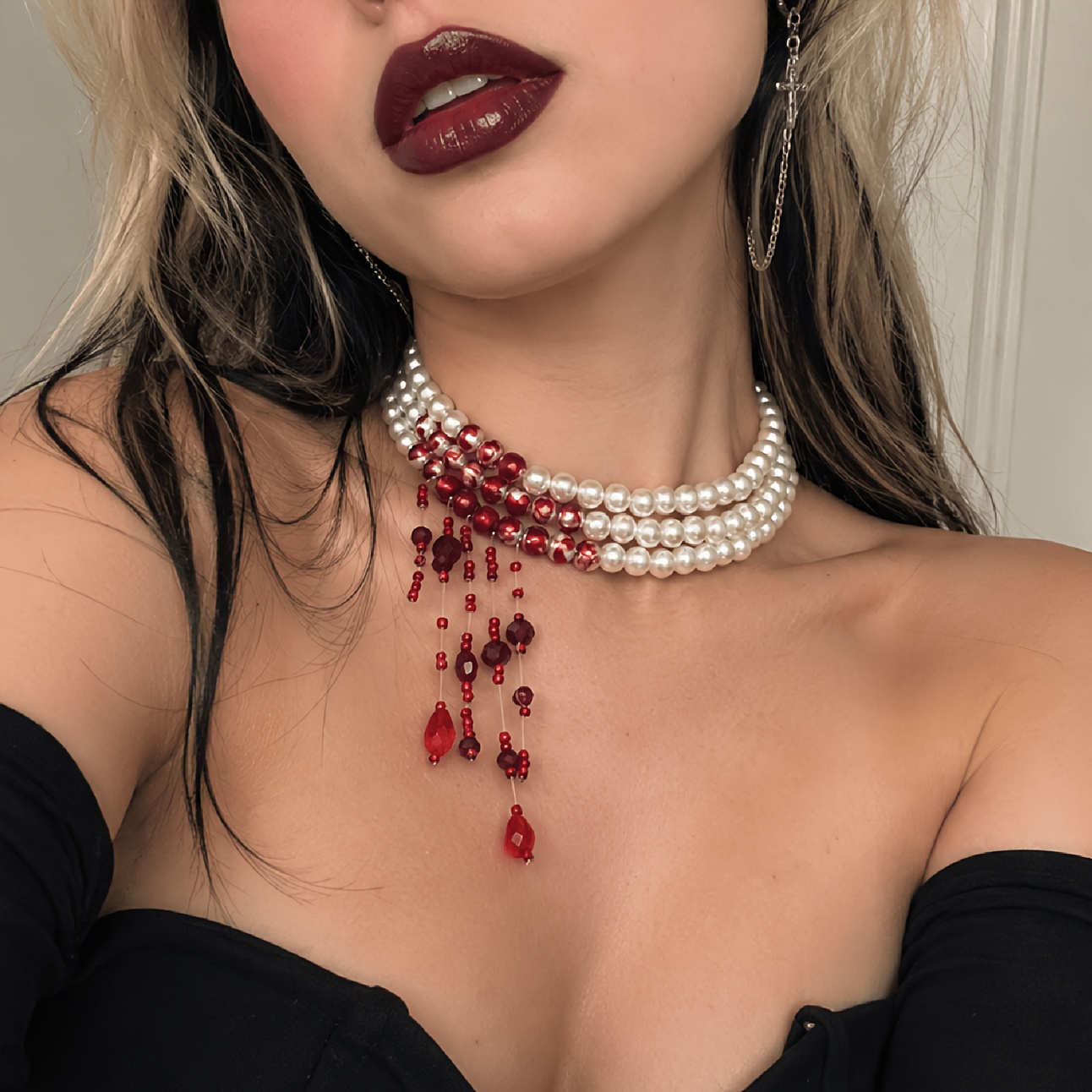 TEMU 1pc European And American Dark Gothic Choker With Blood- Teardrop Necklace For Halloween Cosplay, Hot Short Clavicle Necklace