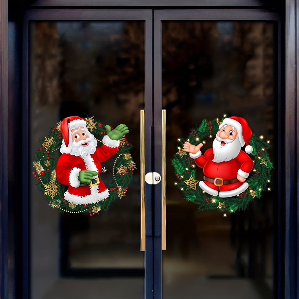 Image of 2pcs Christmas Glass Window Stickers Santa Claus Pattern Window Stickers Bedroom Living Room Home Shopping Mall Decoration Stickers Removable Stickers