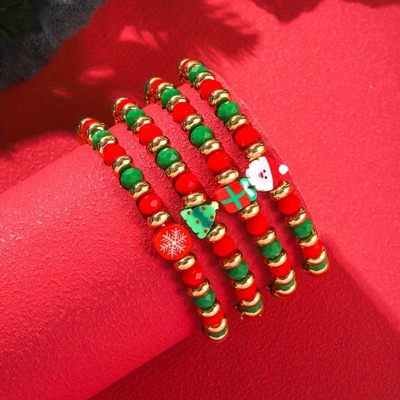 

4pcs Christmas Charm Bracelet Set - Santa & With Polymer Clay Beads, Elegant Style For Women - Gift, , Polymer Clay, Glass Beaded Bracelet,