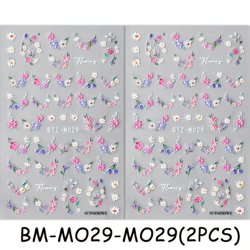 Image of 2sheets Nail Stickers 3d Pink Purple Small Flower Nail Art Stickers Microcarved Daisy Nail Stickers Spring Fresh Nail Decoration Stickers