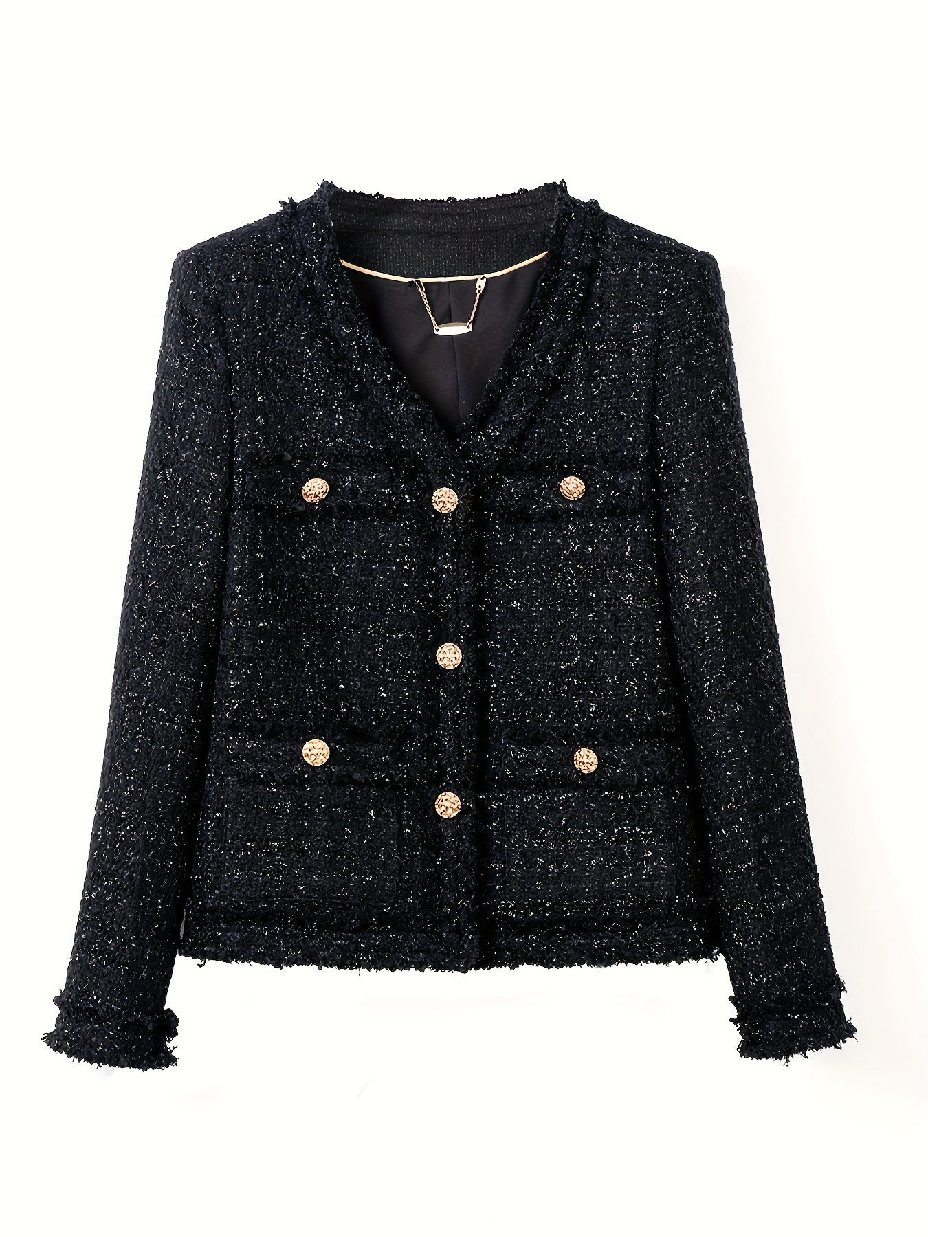 vintage black sequin fringe tweed jacket v neck long sleeve Temu