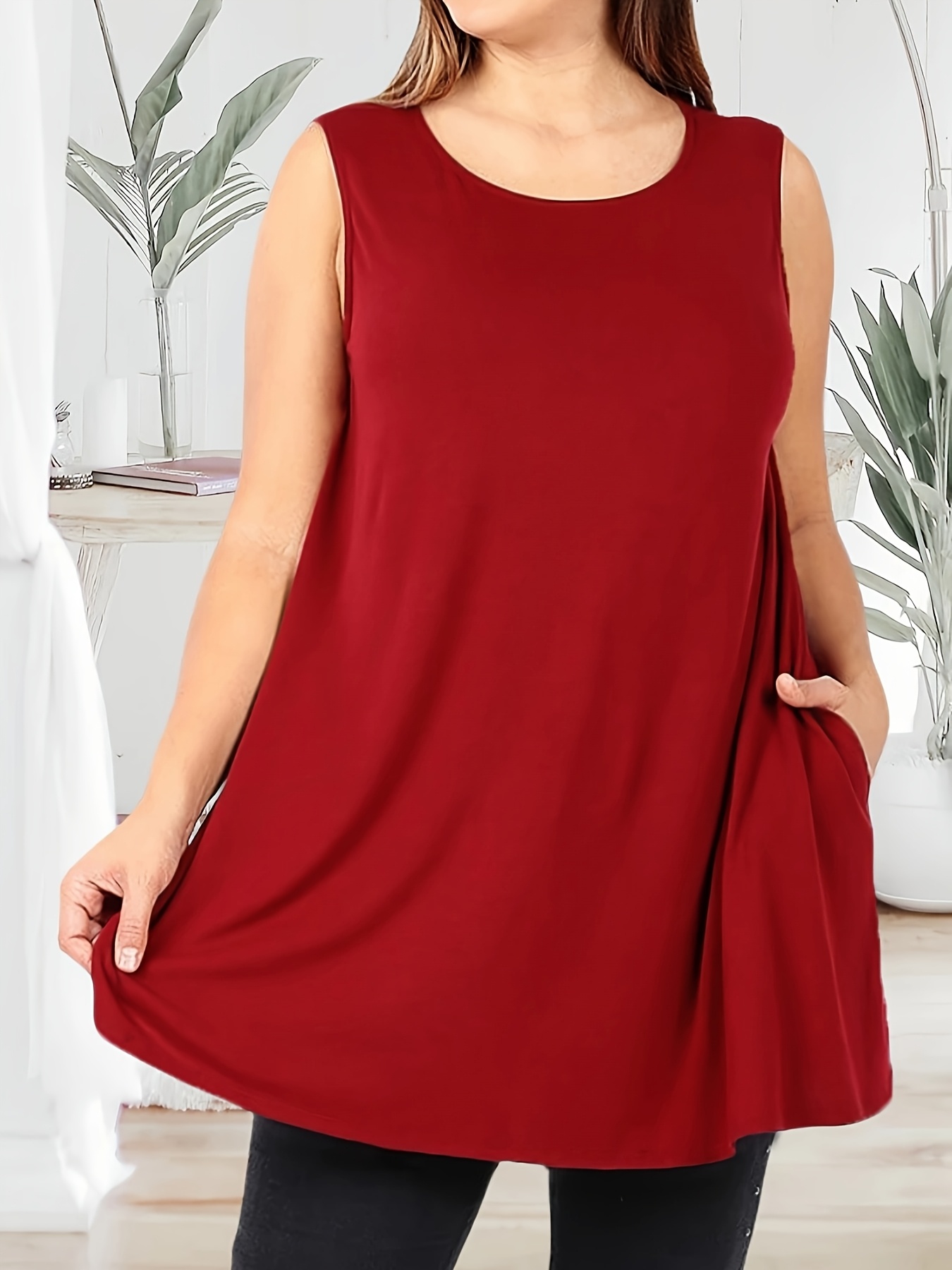 Women'S Plus Size Sleeveless Tank Top with Pockets - Casual, Comfortable, and Stylish Red Blend Vest for Casual Attire, PLUS SIZE