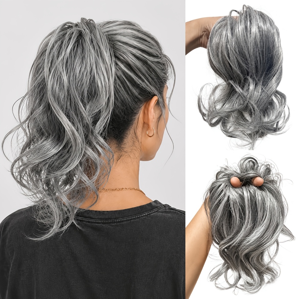 TEMU Salt Pepper Grey Wavy Ponytail Hair Ties - Elastic Hair Bands Suitable For Hair Types, Anti-slip Lightweight Hair For Bun Updos, For Halloween,